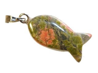 Gemstone pendant in the shape of a fish made from pink and green jasper