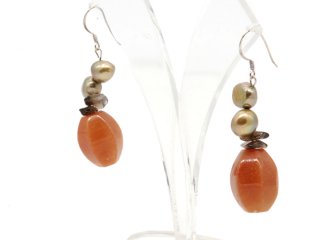 Ear pendants - pearls calcite and smoky quartzes, silver /8542