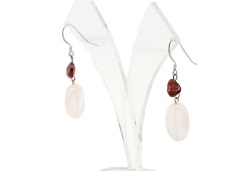 Ear pendants - red biwa pearls and rose quartzes, silver /8555