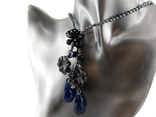 Offene Halskette - Onyx und blaue Süßwasserperlen, Länge 87 cm /9907-1