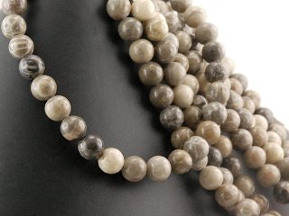 Fossil coral strand - spheres 10 mm grey beige, length 39 cm /4942