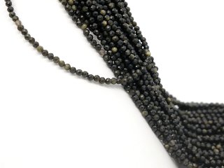 Obsidiane strand - faceted spheres 4.5 mm black shimmering, length 39 cm /4252