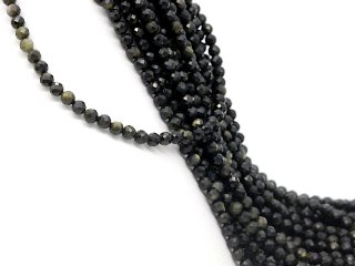Obsidiane strand - faceted spheres 6 mm black shimmering, length 38 cm /4307