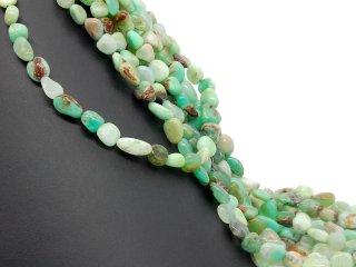 Pierced, green-brown chrysoprase pebbles