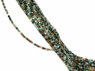 Colourful, faceted, pierced moss agate spheres