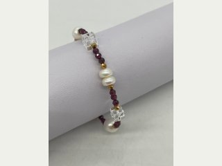 Cultured pearls,garnet,rock crystal,hematite 925/-silver gold platet bracelet