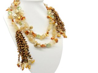 9609/ Halskette - Rauchquarz, Citrin  und Perlen, 160 cm