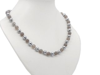 Necklace made from agates and shell seed beads in shades of grey
