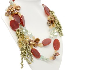 Open, long necklace with carnelians, aquamarines, citrines and pearls