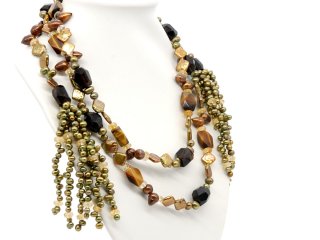 Collier de perles ouvert avec œil de tigre en brun doré et vert