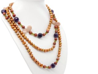 Halskette - Muskovit, Peridot, Amethyst und Perlen - 158 cm /9712