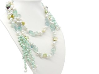 Open light green pearl necklace with fluorites