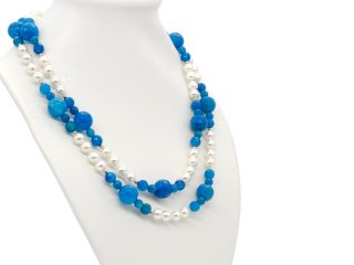 Necklace made from white shell pearls and blue agates