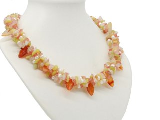 Colourful, woven necklace made from gemstone chips and pearls