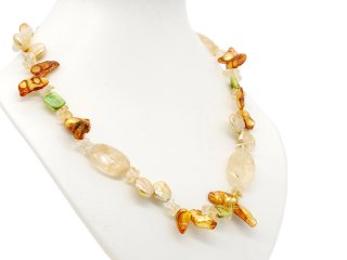 Necklace with biwa pearls, rutile quartz and citrines