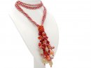 Three-row pearl necklace with carnelians in red