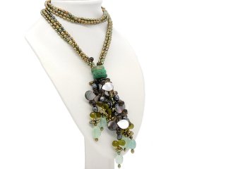Halskette, Perlen-Fluorit-Perlmutt-Rauchquarz, dreireihig/offen/mit Fluoritringen/9897