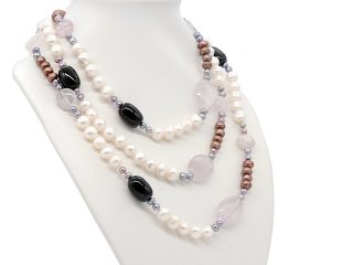 Endlose Halskette mit Ametrin, Onyx, Rosenquarz und Perlen