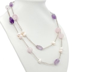 Fine necklace with rose quartz crystals, amethysts and pearls
