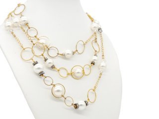 9523/ Two rowed necklace - shell pearls, golden colored elemente and rock crystal - 64 - 68 cm