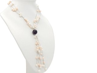 Halskette - Zuchtperlen und Amethyst an feinem Draht - 65,5 cm /9858