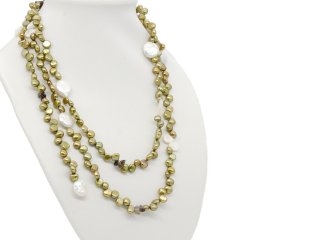 Open necklace made from cultured pearls, smoky quartz and biwa pearls