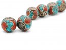 Two rondels in bronze, coral and turquoise