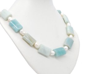 Necklace made from blue amazonites with white cultured pearls